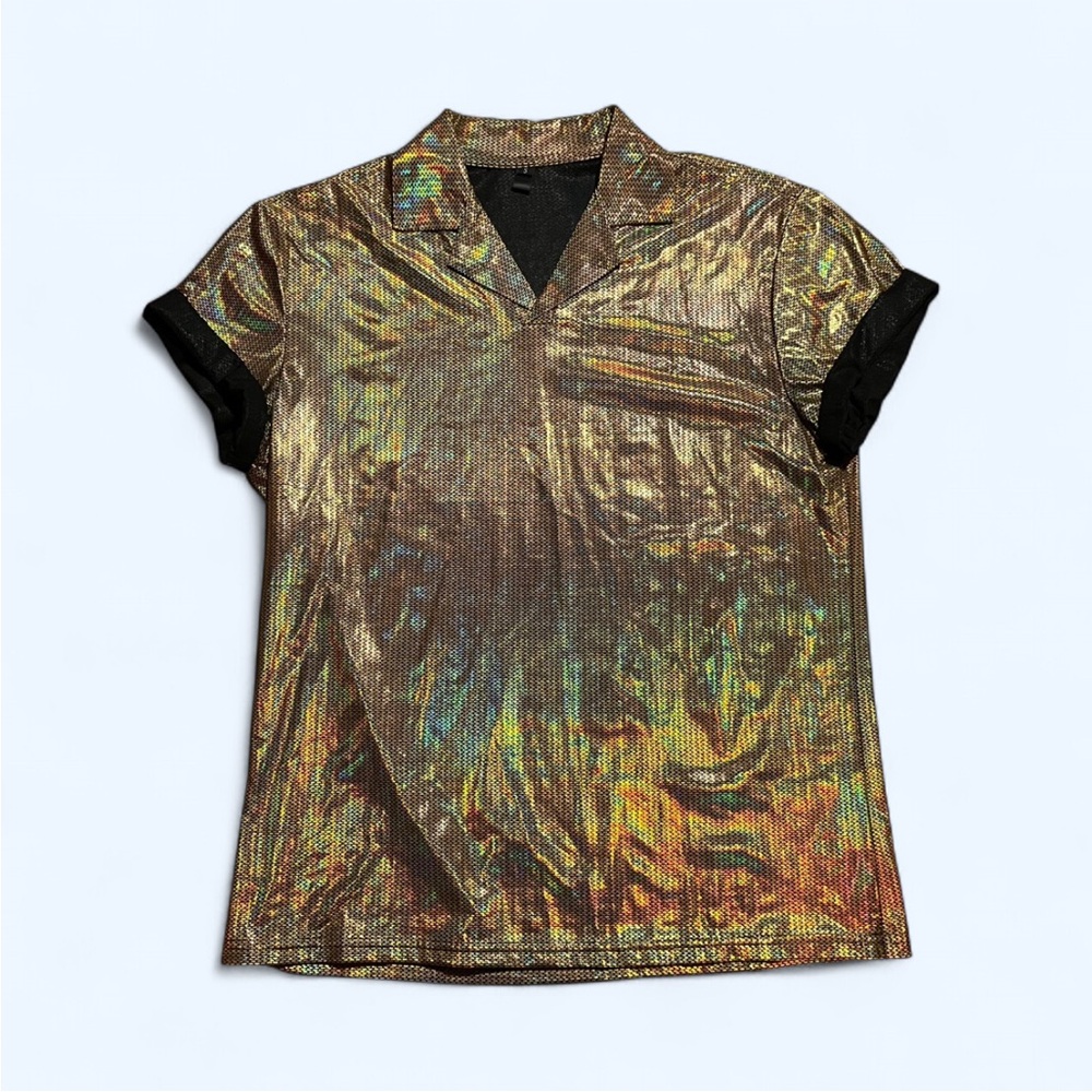 Gold metallic polo shirt with black rolled sleeves